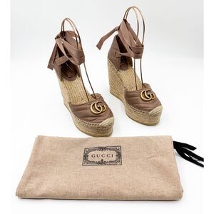 Gucci GG Marmont Quilted Platform Espadrille Wedges Ankle Wrap Sandals